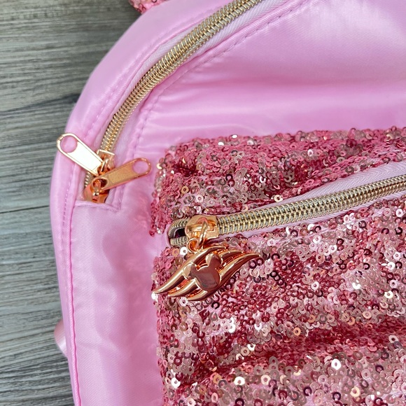 RARE DCL Disney Pink Sequin Backpack with Ears and Bibbidi Bobbidi Boutique sash
